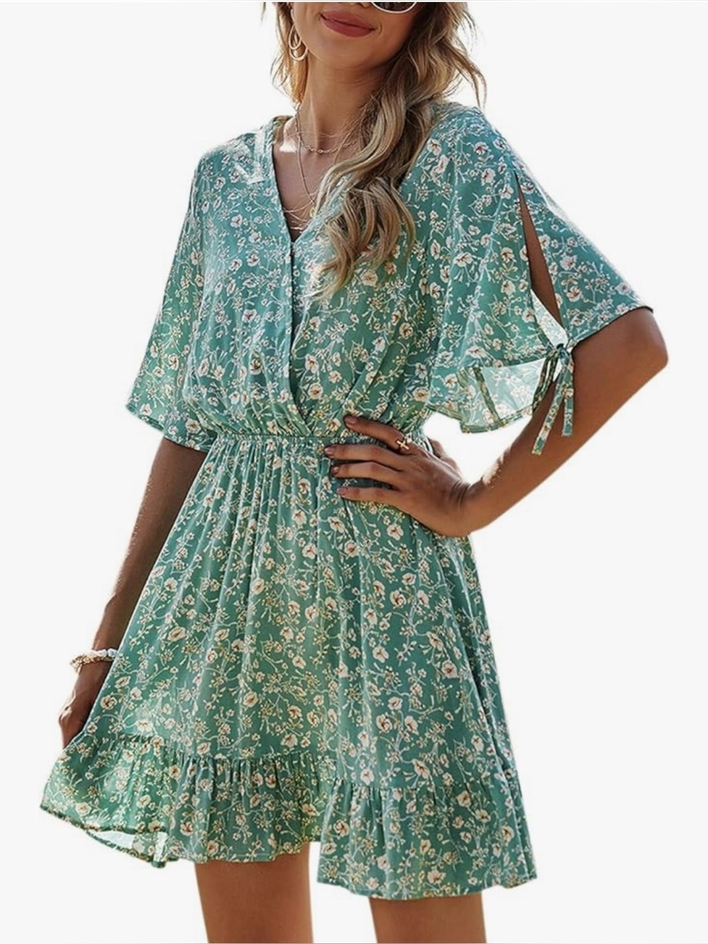 Floral V-Neck Tie-Sleeve Mini Dress - Green